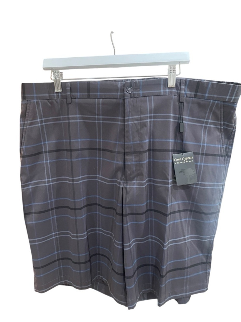 NWT Lone Cypress By Pebble Beach Plaid Performance Golf Shorts SZ 42 Grey Blue